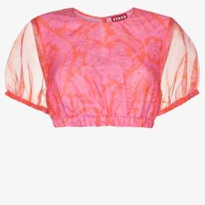 STAUD FRIEZE PRINTED ORGANZA CROP TOP | FLORAL WAVE NECTARINE - SIZE MEDIUM